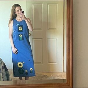 Vintage Sunflower, Dragonfly, and Butterfly Blue Maxi Dress